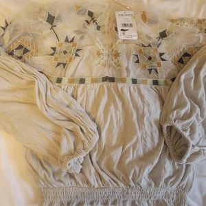 Free people taupe crop shirt with sheer panel